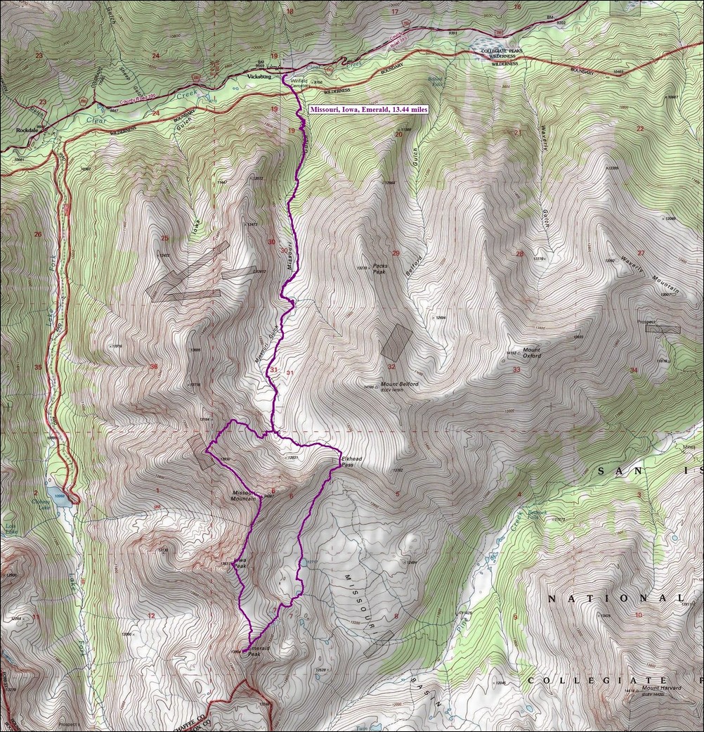 Missouri Mountain, Iowa Peak, and Emerald Peak Route Map